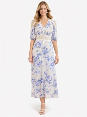 Taylor Blue White Floral Lace Midi Dress Sz 12 Romantic Cottagecore Button Front